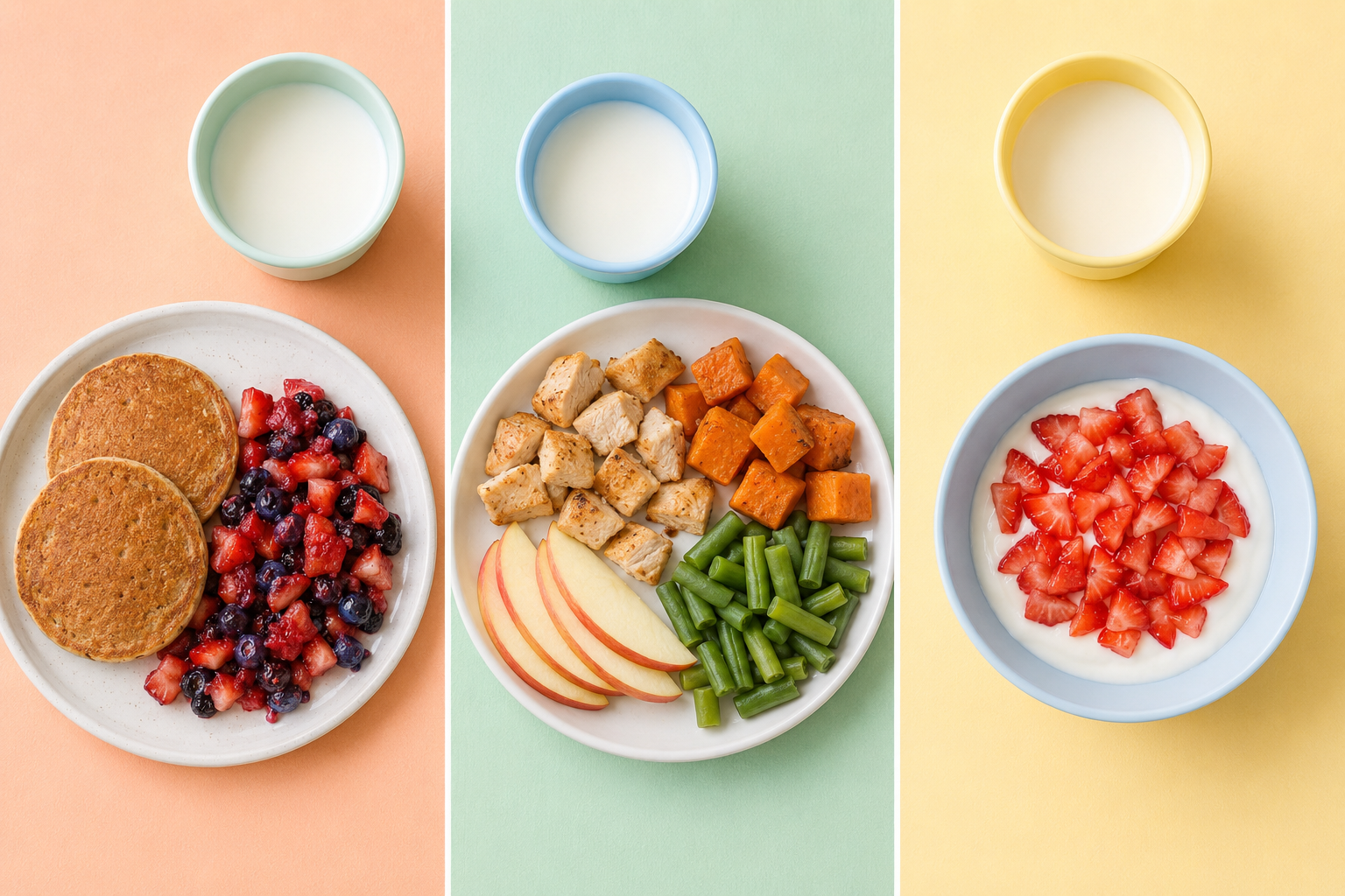 Colorful preschool meal examples for children ages three to five