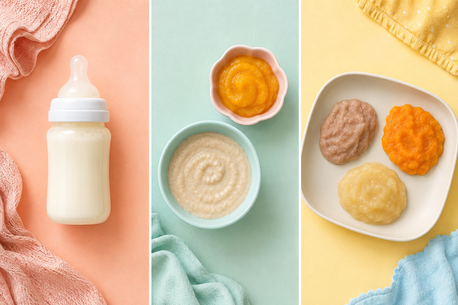 Infant meal examples with milk or formula, infant cereal, mashed fruit, vegetables, and protein foods