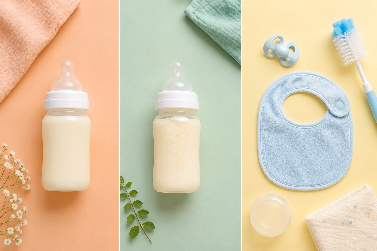 Infant feeding examples with breast milk or formula bottles and a clean feeding setup