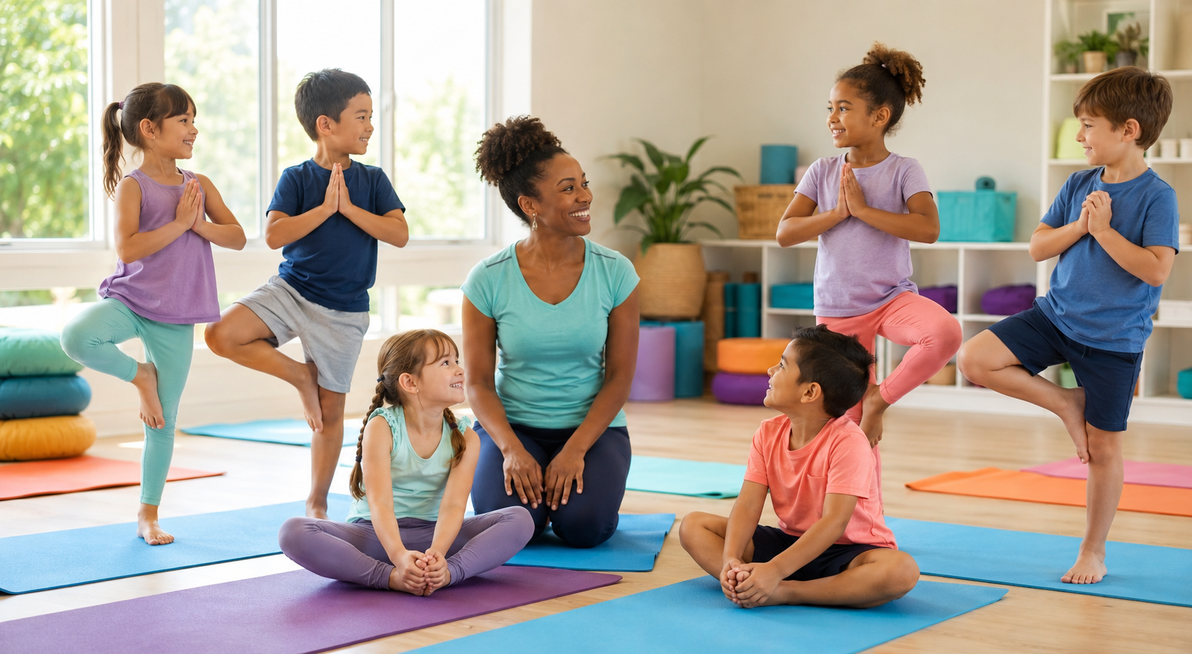 A multicultural group of children practicing simple yoga poses with an adult instructor