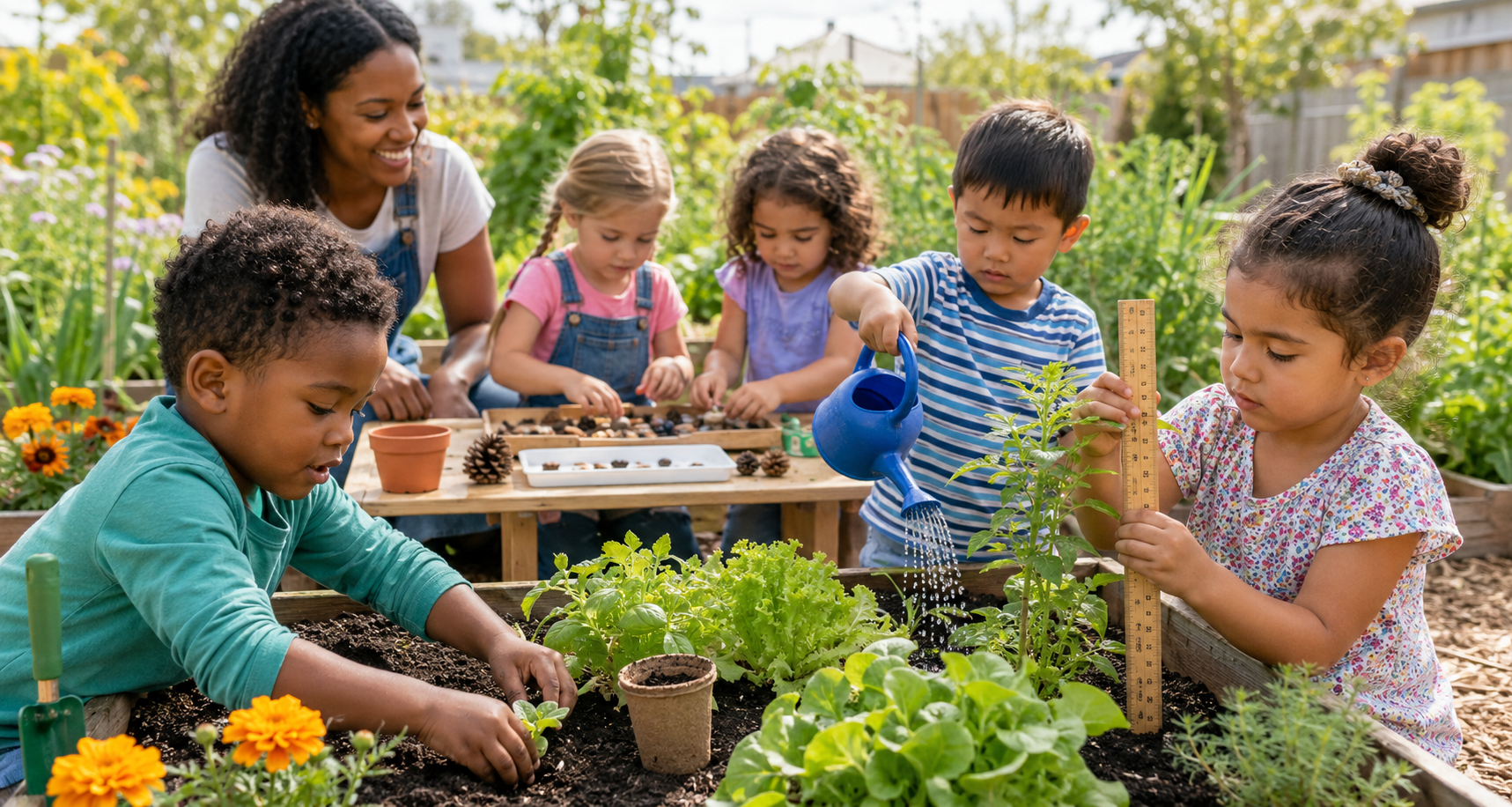 Children and an educator planting, watering, counting, and measuring plants in the Tinysteps Outdoor Discovery Garden
