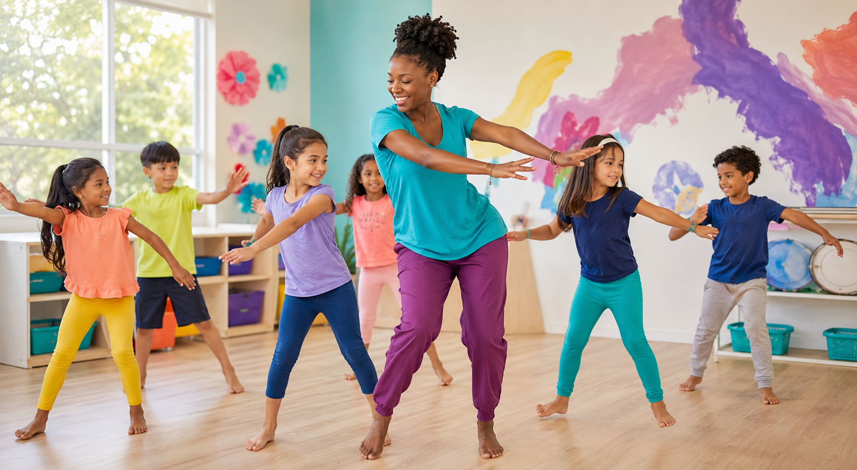A diverse group of children enjoying a guided dance and movement class with an instructor